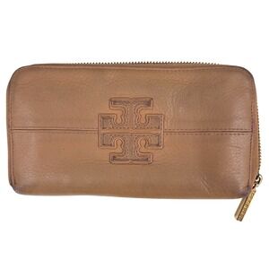 Tory Burch Amanda Zip Around Continental Wallet Royal Tan Leather Stacked T